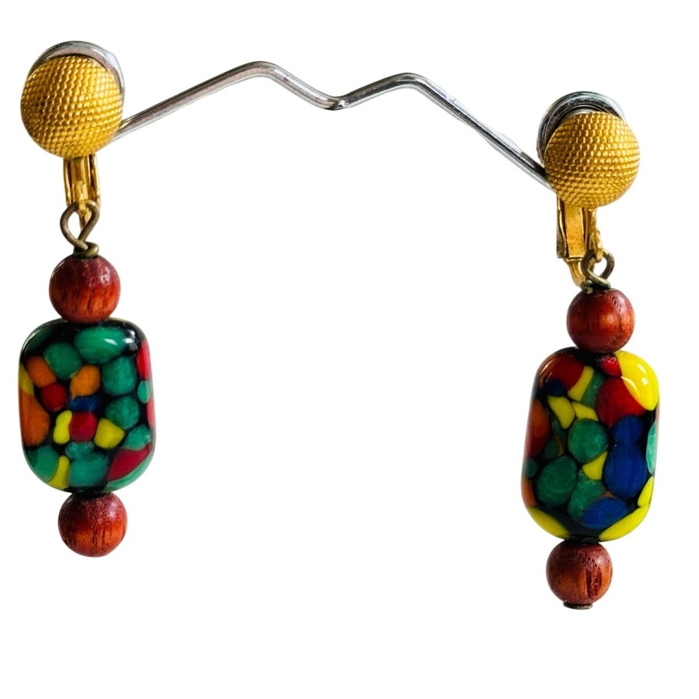 VTG Murano‎ Mosaic Art Deco clip Earrings colorful art Glass dangle gold 2" 40s